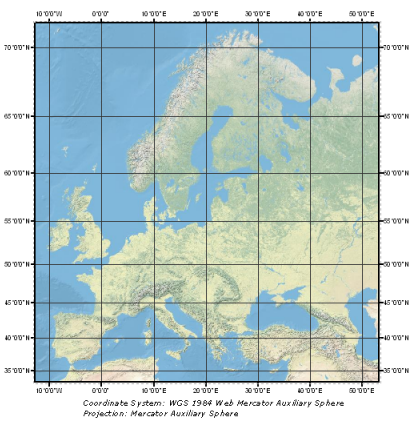 含有经纬网的欧洲地图示例