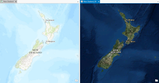 以新西兰为中心的地图和 3D 场景